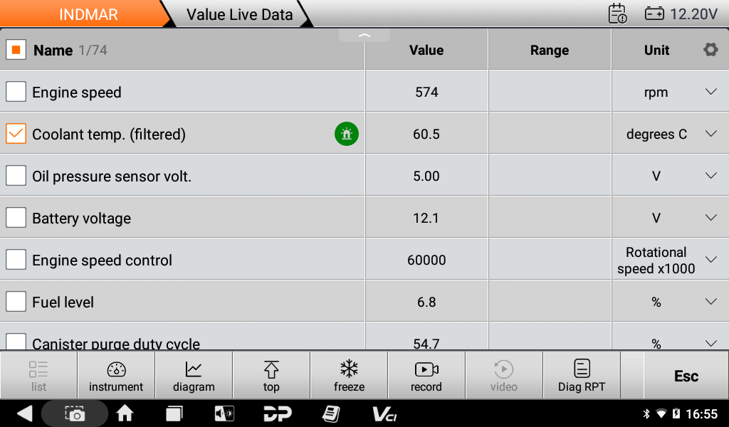 Indmar live data list with engine speed, coolant temperature, oil pressure sensor voltage and battery voltage