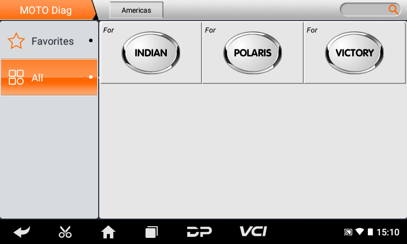 iScan Polaris Group MOTO Diag brand menu with Indian, Polaris and Victory