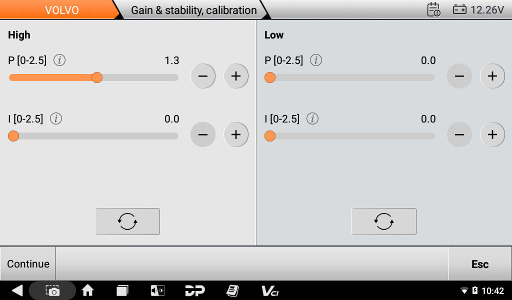 Volvo gain and stability calibration screen with high and low P and I sliders