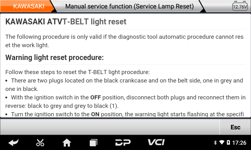 MS50 Kawasaki ATV manual service lamp reset procedure screen
