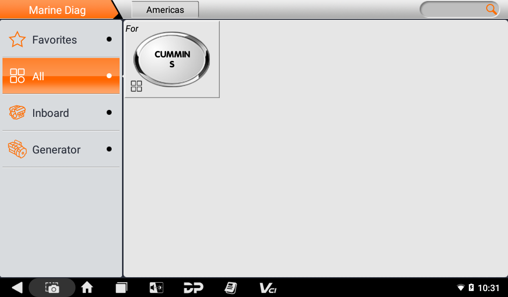 iScan PRO Cummins Marine Diag menu with Cummins, inboard and generator categories