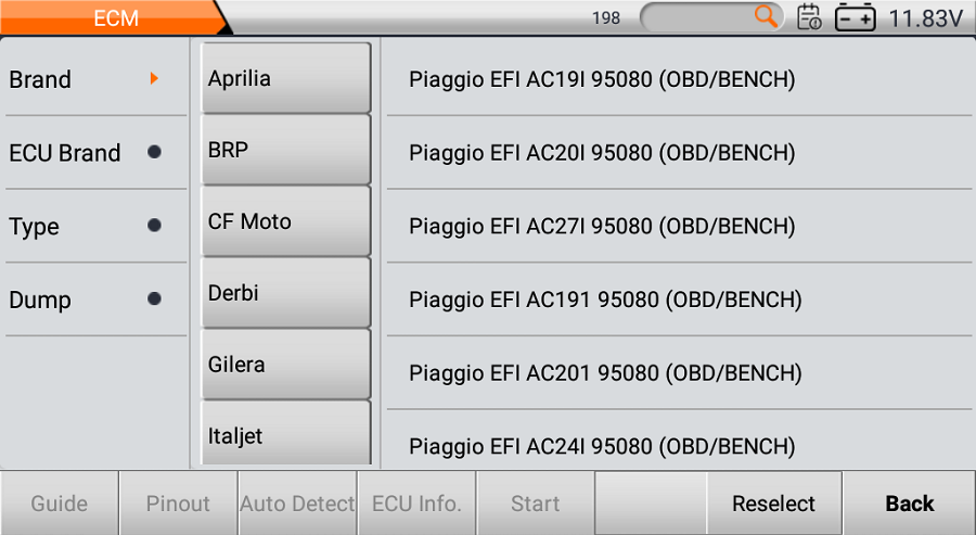 DC706 motorcycle ECM list showing Piaggio EFI units by brand