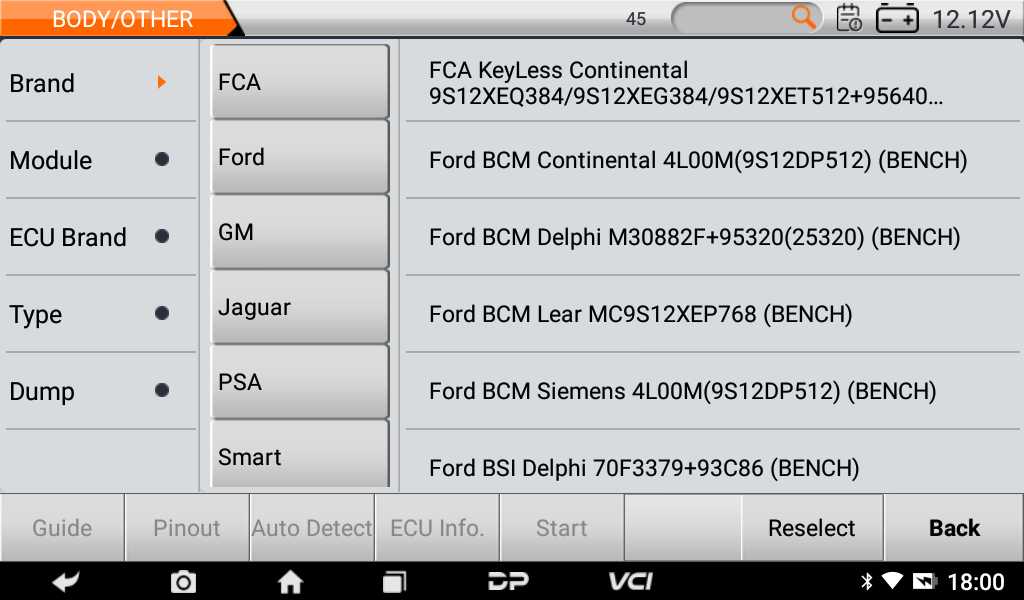 DC706 Body/Other list showing Ford BCM and BSI units