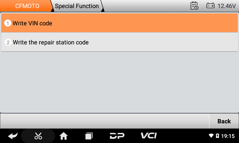 iScan CFMOTO special function menu with write VIN code option