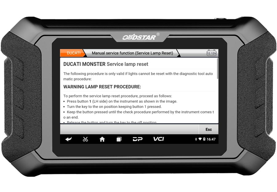 iScan Ducati manual service lamp reset procedure screen
