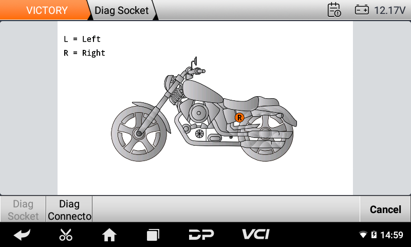 iScan Victory diagnostic socket location drawing on a cruiser motorcycle