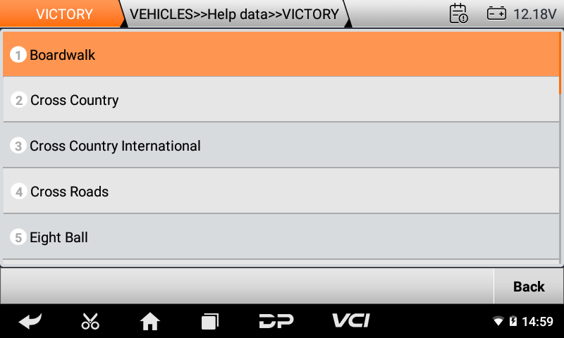 iScan Victory help data model list including Boardwalk, Cross Country and Cross Roads