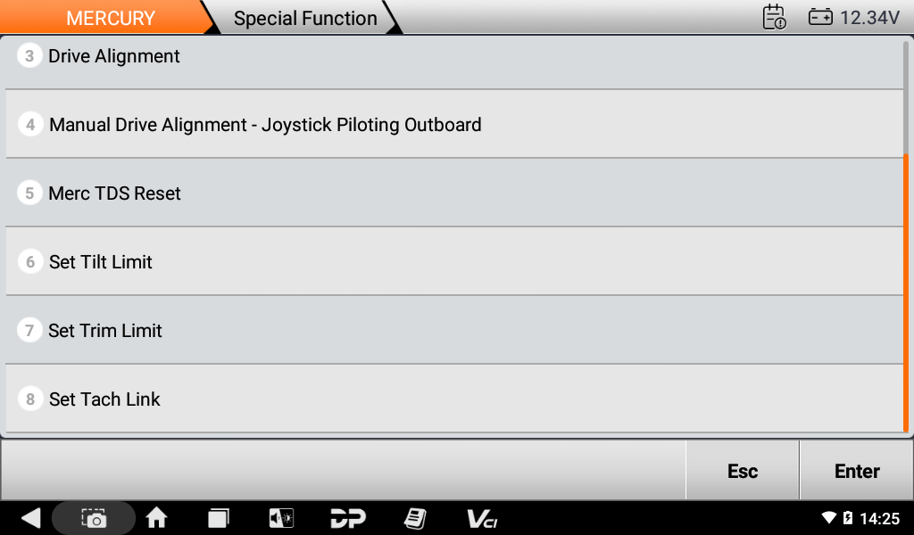Mercury special function menu with drive alignment, Merc TDS reset, tilt limit, trim limit and tach link