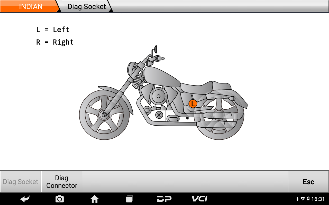 iScan Polaris Group diagnostic socket location drawing on an Indian motorcycle