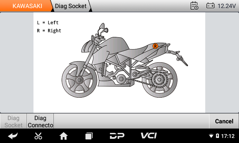 iScan Kawasaki diagnostic socket location drawing on a motorcycle