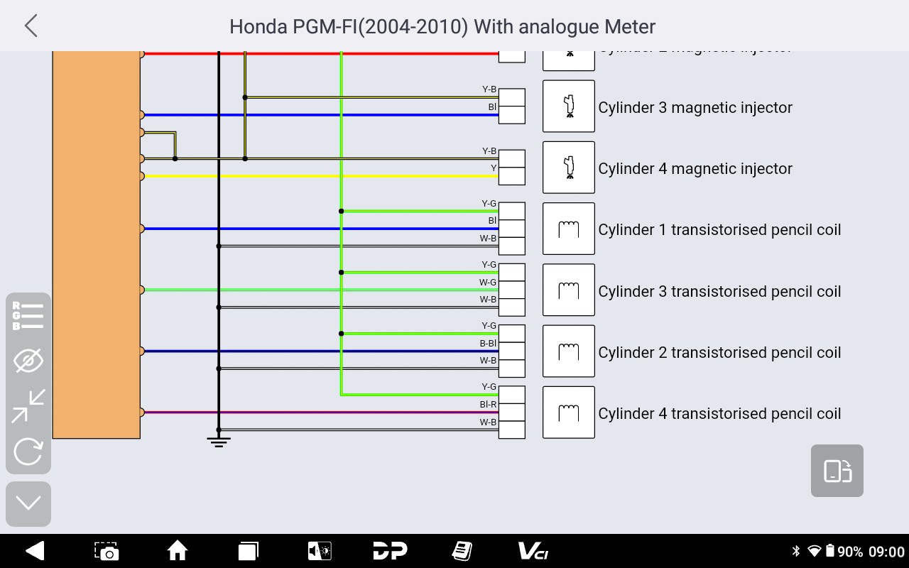 MarineMaster interactive wiring diagram for a Honda PGM-FI engine showing injectors and ignition coils
