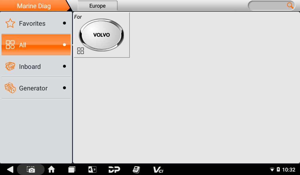 iScan PRO Marine Diag menu showing Volvo with inboard and generator categories