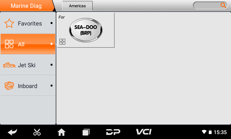 iScan BRP Marine Diag menu with Sea-Doo BRP, Jet Ski and Inboard categories