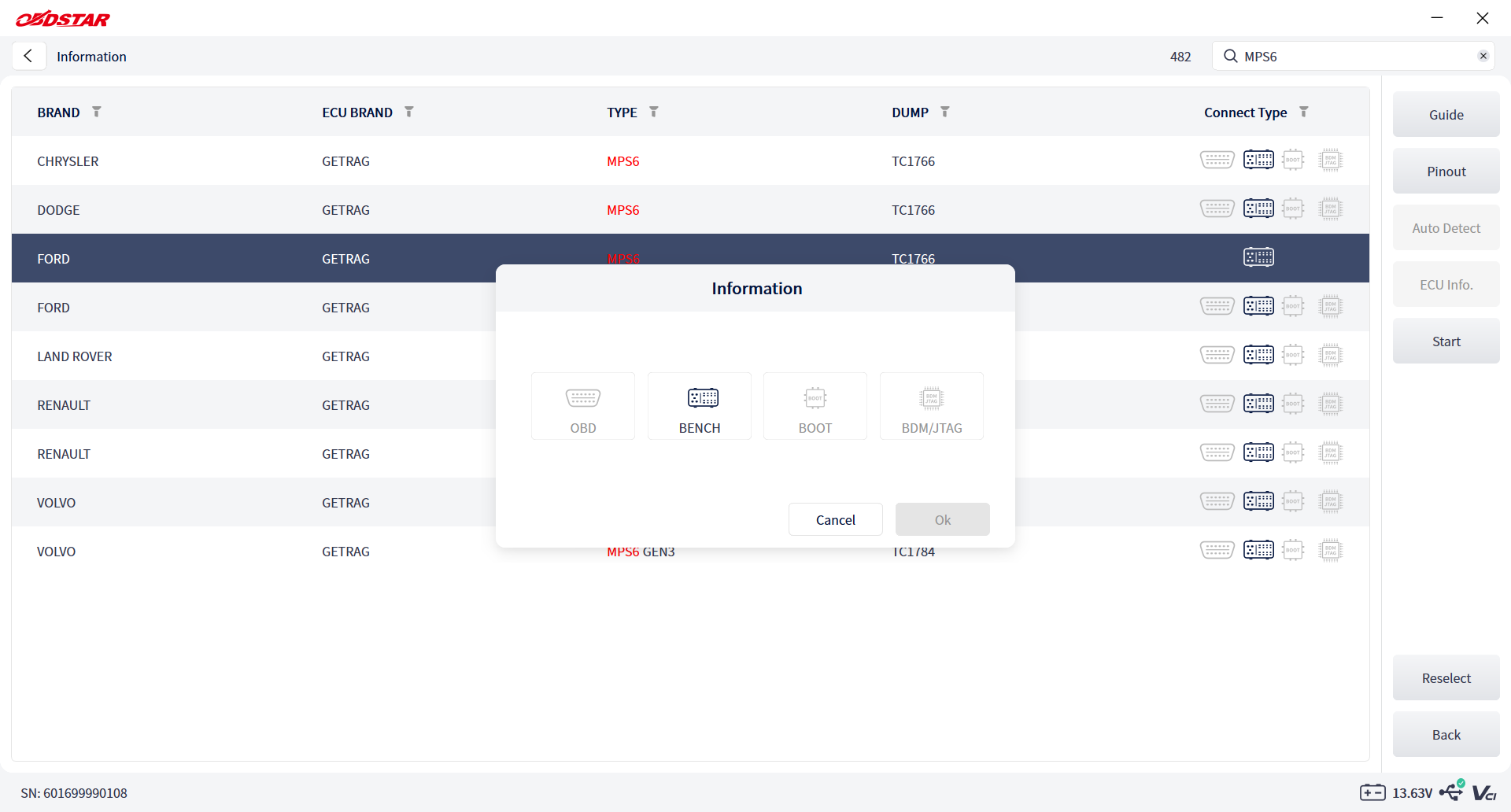 ECU MASTER connection mode dialog with OBD, bench, boot and BDM/JTAG options