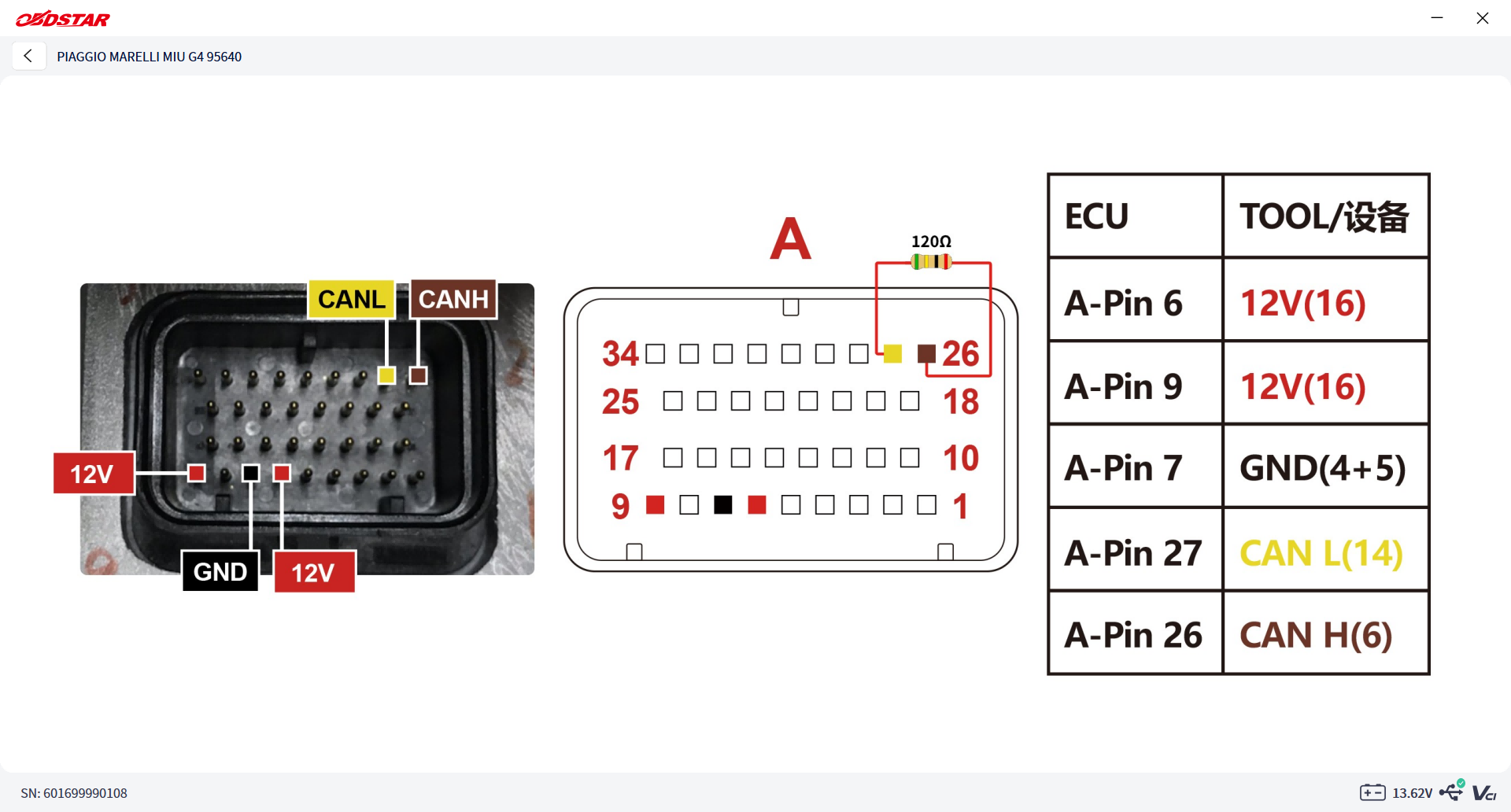 ECU MASTER connector pinout diagram for a Piaggio Marelli MIU G4 showing power, ground and CAN pins
