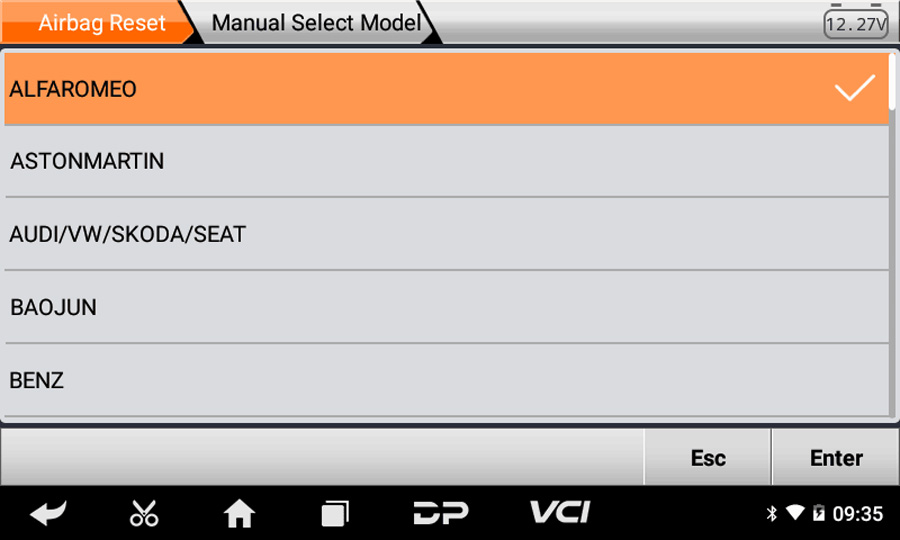 OBDSTAR P50 airbag reset manual model selection list