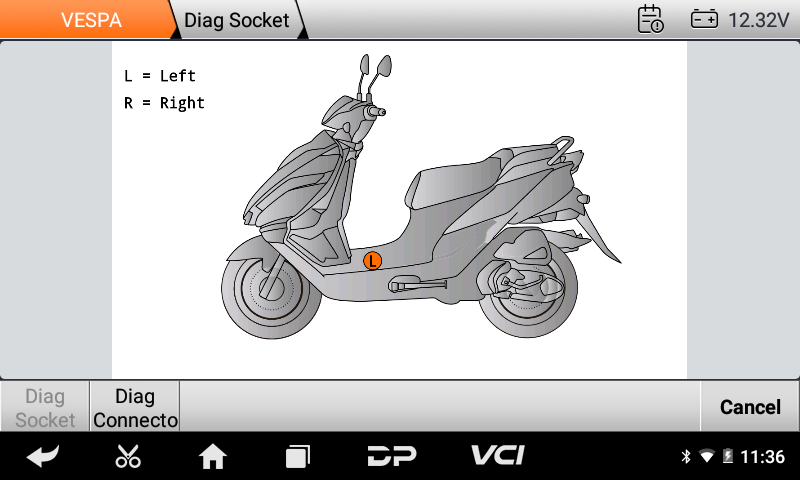 iScan Vespa diagnostic socket location drawing on a scooter