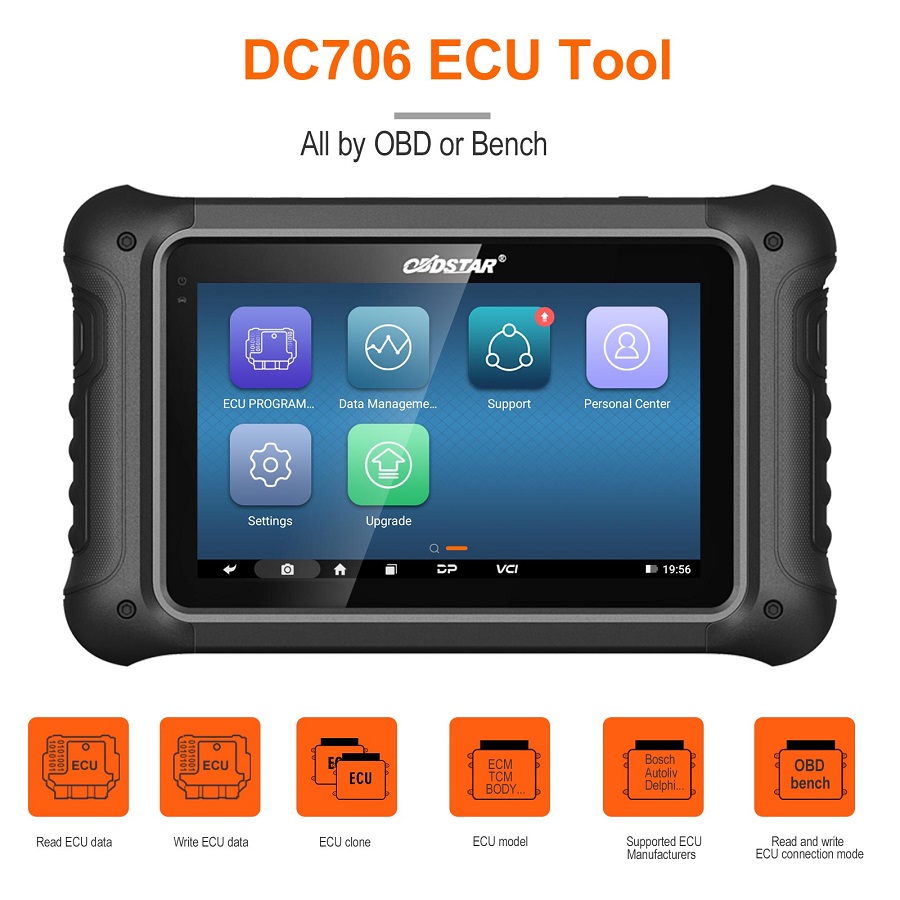 OBDSTAR DC706 tablet home screen with ECU programming, data management, support and upgrade icons