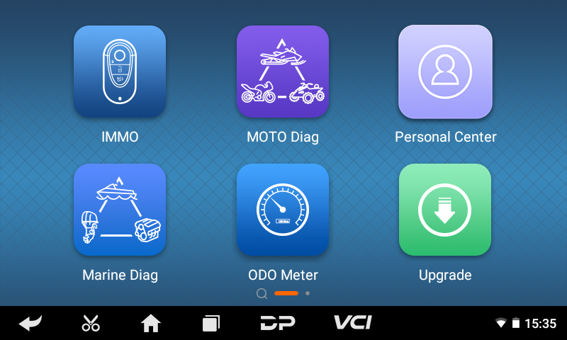iScan BRP home screen with IMMO, MOTO Diag, Marine Diag, ODO Meter and Upgrade menus