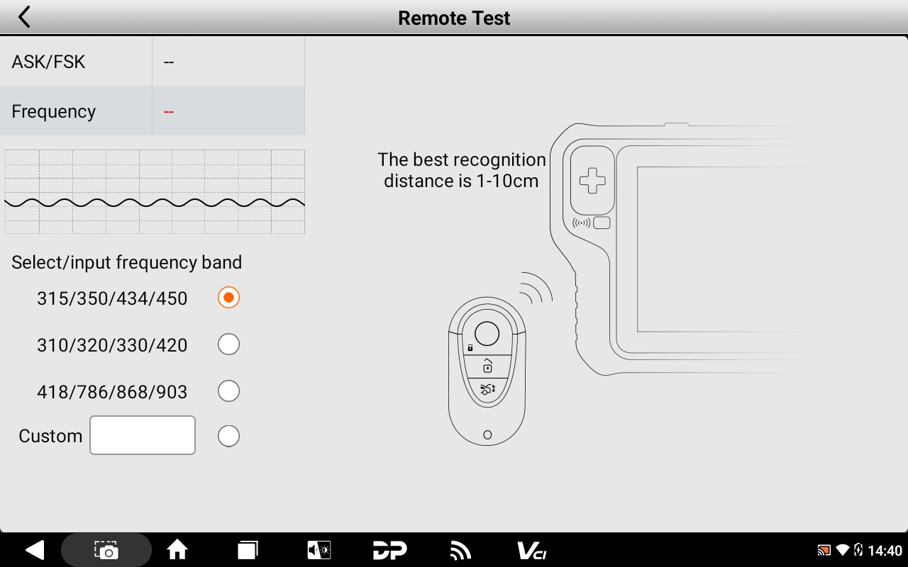 X300 Classic G3 Remote Test screen with ASK/FSK, frequency readout and frequency band selection