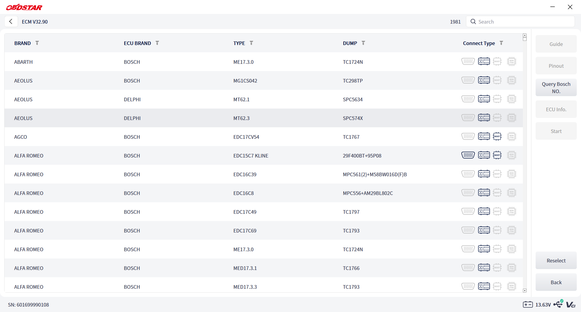 ECU MASTER ECM list showing vehicle brand, ECU brand, type, dump and connection type columns