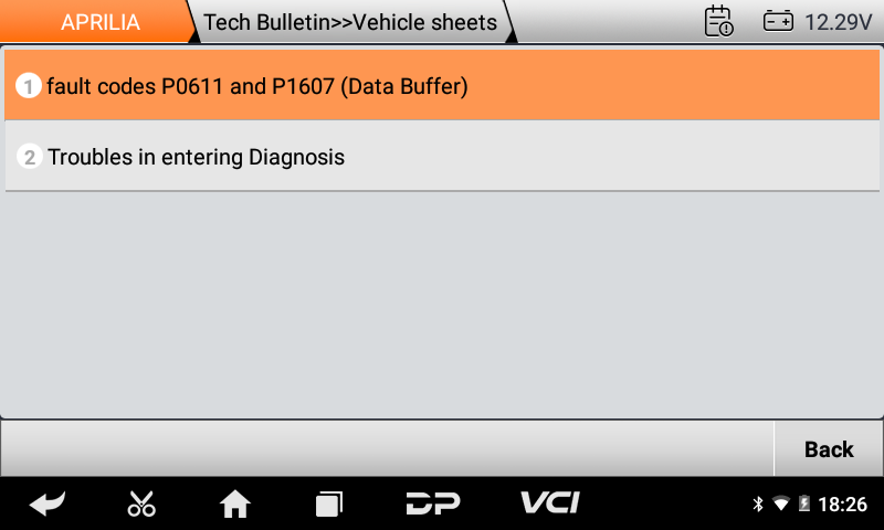 iScan Aprilia technical bulletin vehicle sheets screen