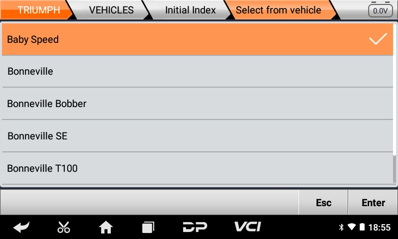 iScan Triumph vehicle selection list with Bonneville models