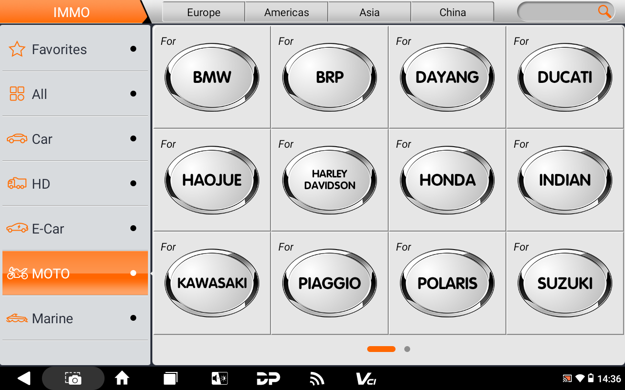 X300 Classic G3 IMMO menu filtered to motorcycle brands including BMW, BRP, Ducati, Harley-Davidson, Honda and Kawasaki