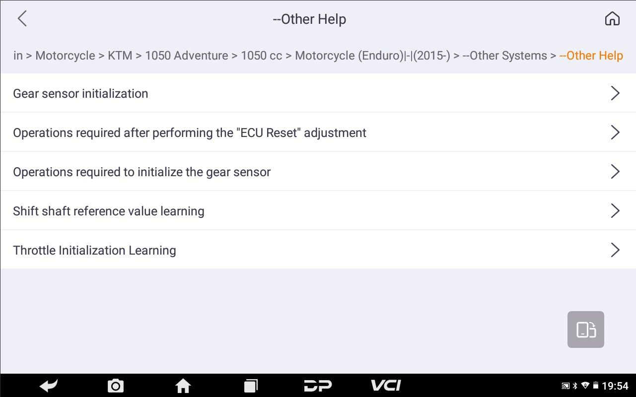 MOTOMASTER help menu listing gear sensor initialization and throttle initialization procedures for a KTM