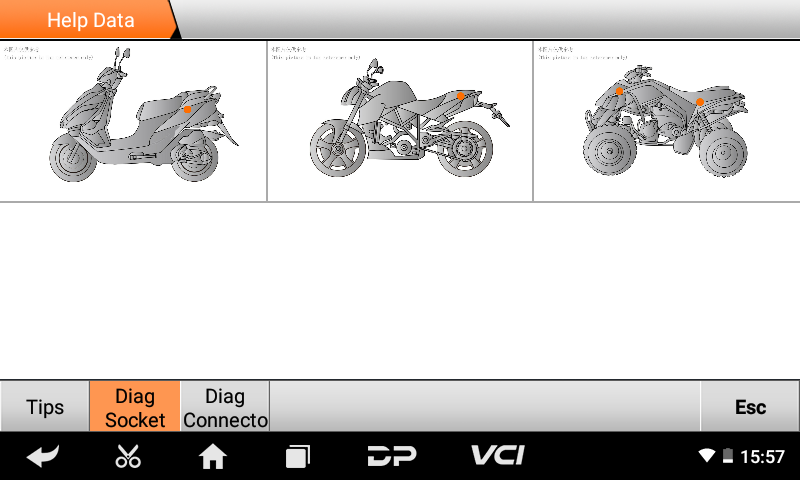 iScan CFMOTO diagnostic socket location drawings for scooter, motorcycle and ATV