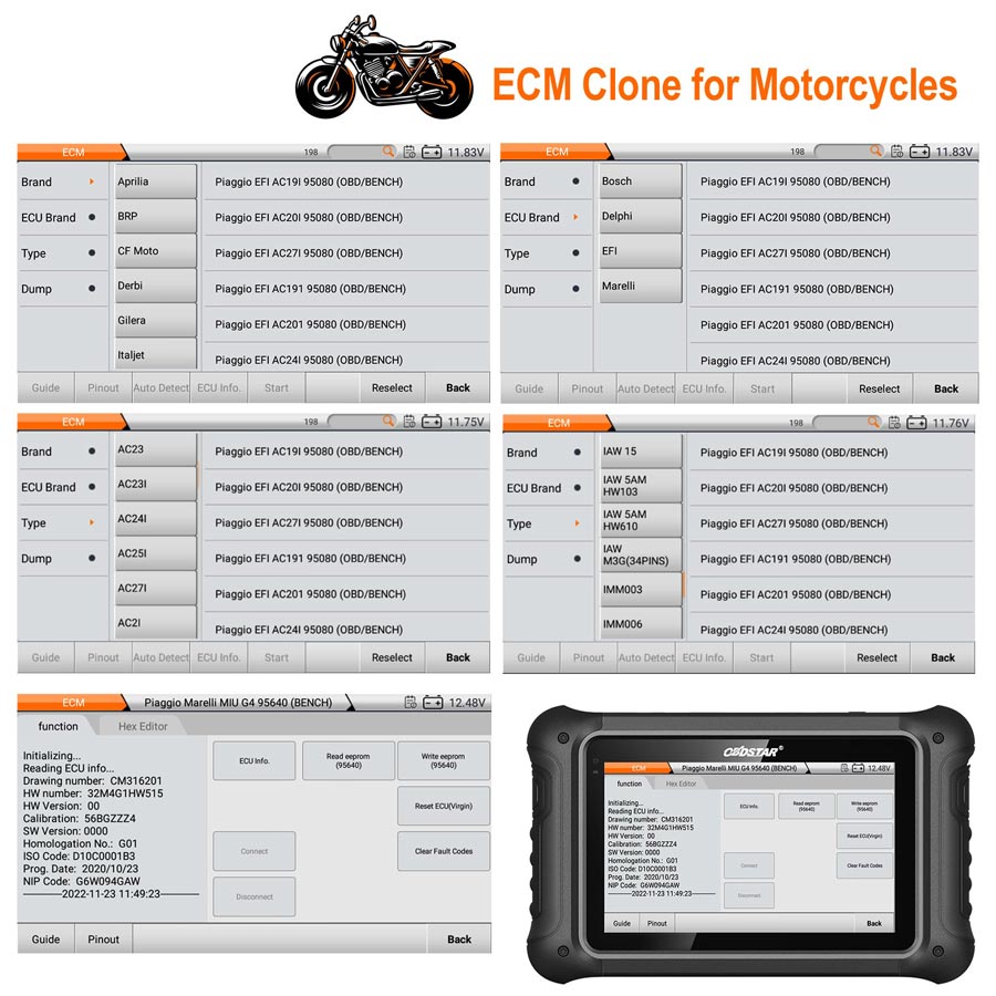 DC706 motorcycle ECM screens showing Piaggio EFI units and a Marelli MIU G4 function panel