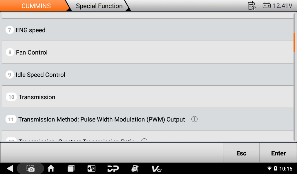iScan PRO Cummins special function list with fan control, idle speed control and transmission settings