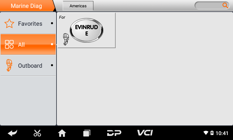 iScan Evinrude Marine Diag menu with Evinrude selected