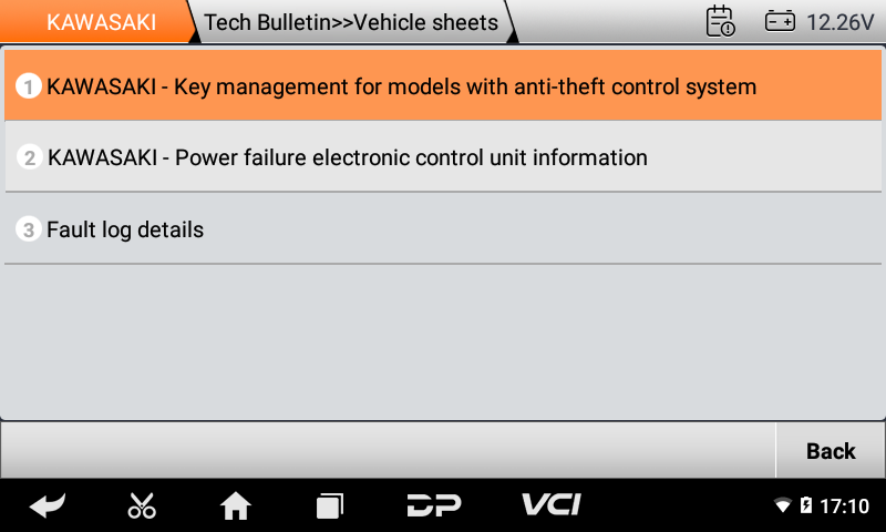 iScan Kawasaki technical bulletin vehicle sheets list