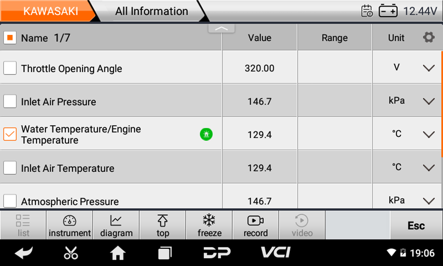 iScan Kawasaki live data list with throttle, inlet air and water temperature values