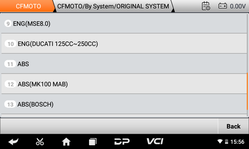 iScan CFMOTO system list showing engine and ABS control units