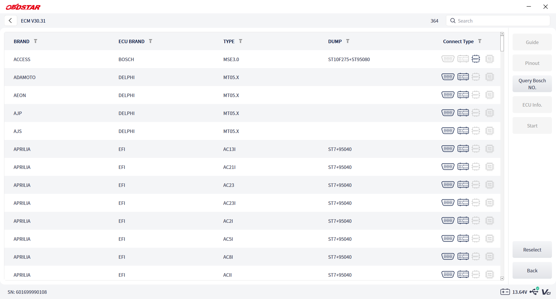 ECU MASTER motorcycle ECM list with brand, ECU brand, type, dump and connection type columns
