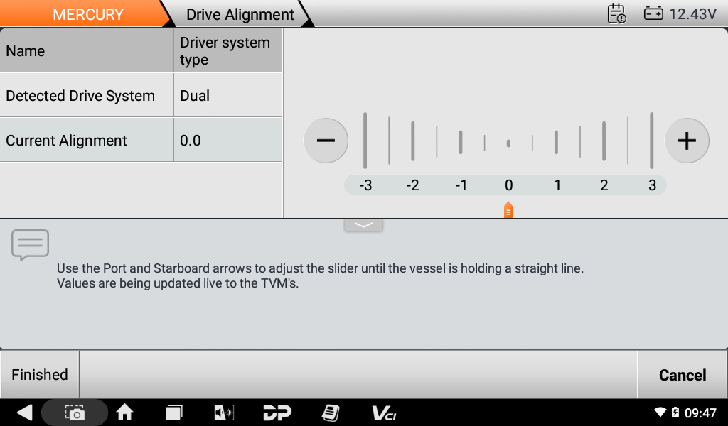 Mercury drive alignment screen with port and starboard adjustment slider