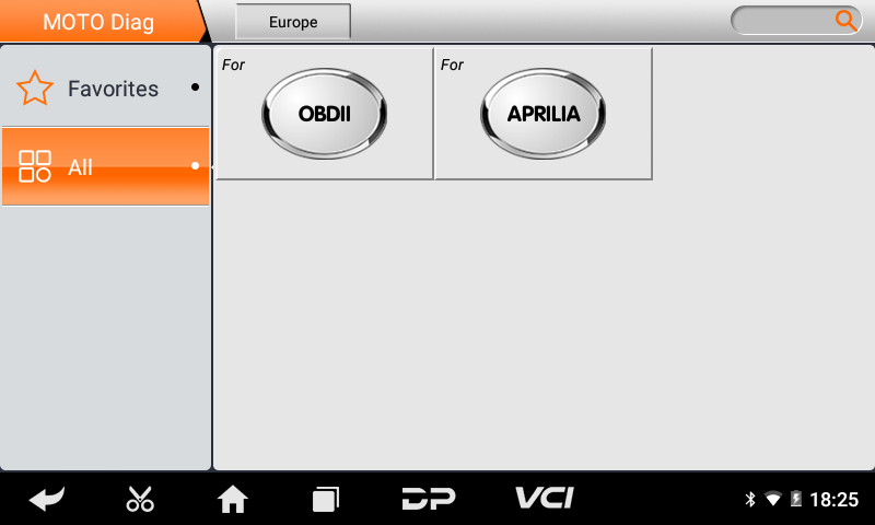 iScan Aprilia MOTO Diag menu showing OBDII and Aprilia software