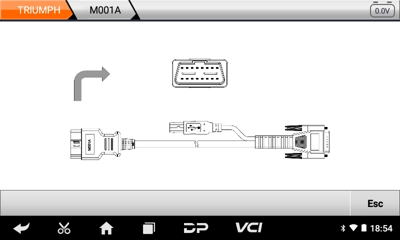 iScan Triumph screen showing the M001A cable connection diagram