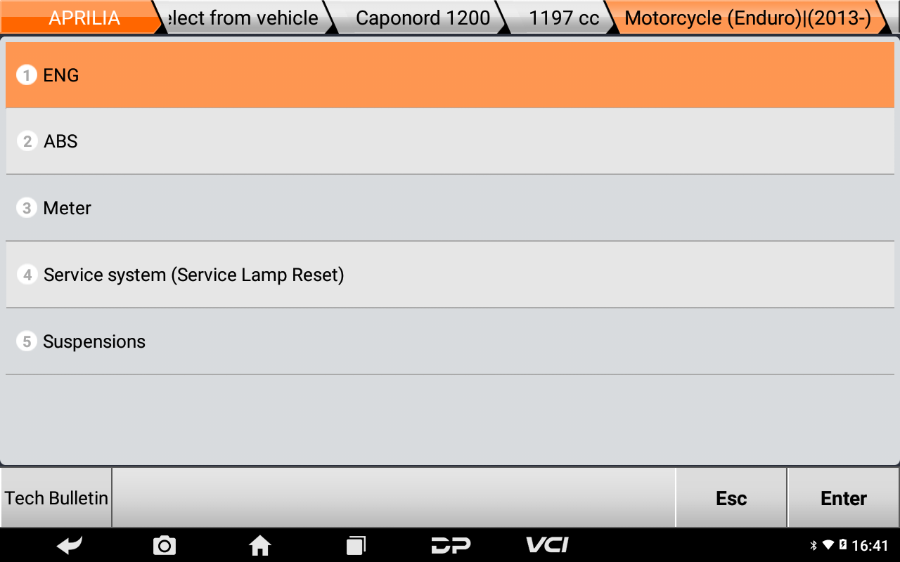 iScan Piaggio Group system list for an Aprilia Caponord 1200