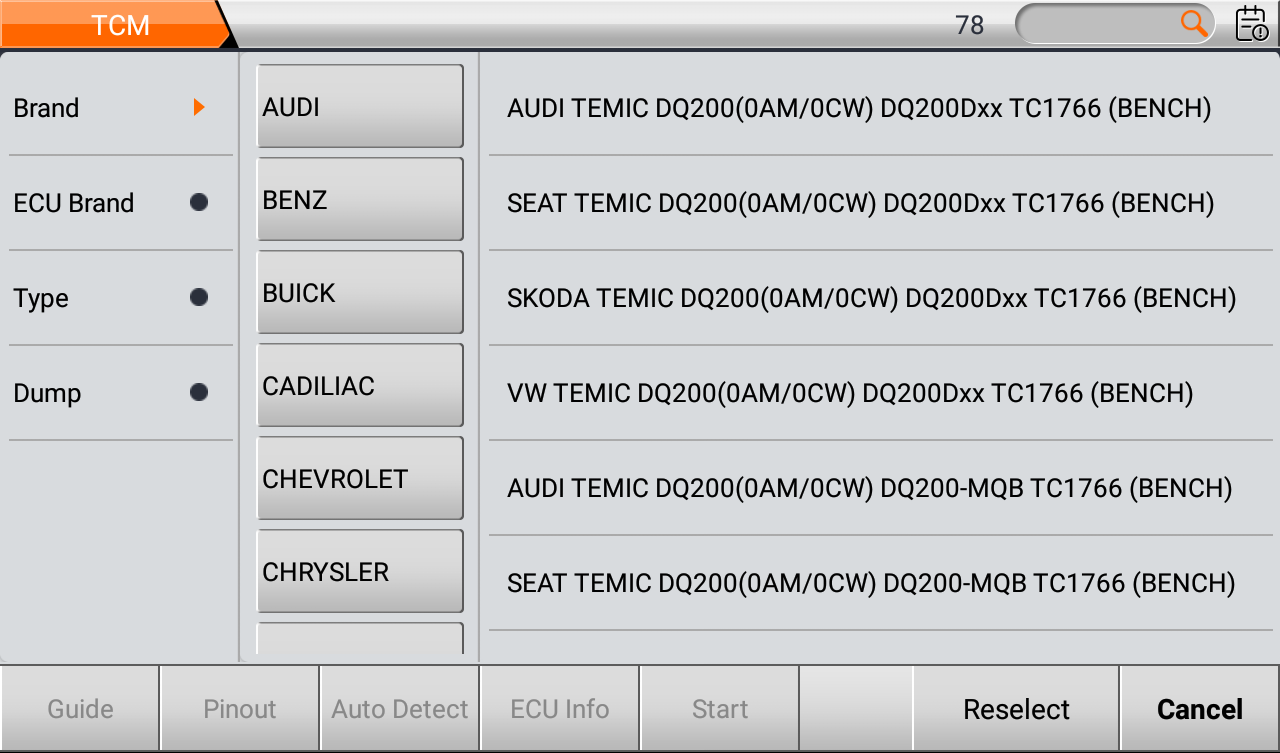 DC706 TCM list showing Temic DQ200 transmission controllers