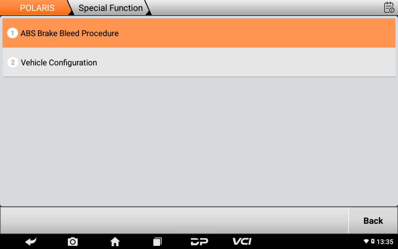 iScan Polaris special function menu with ABS brake bleed procedure and vehicle configuration