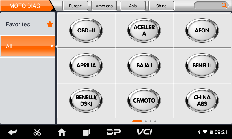 MS50 MOTO DIAG brand menu with OBD-II, Acellera, Aeon, Aprilia, Bajaj, Benelli and CFMOTO