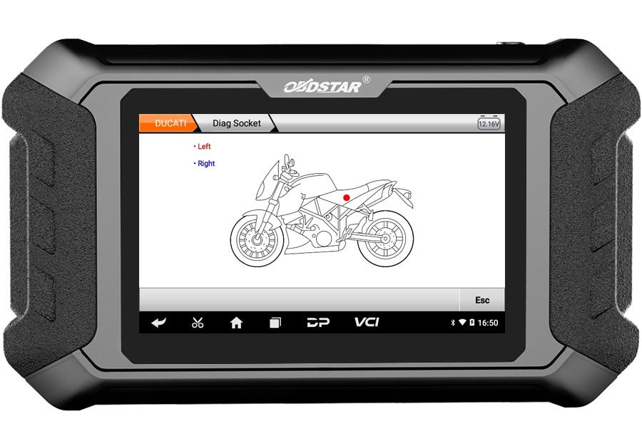 iScan Ducati diagnostic socket location screen