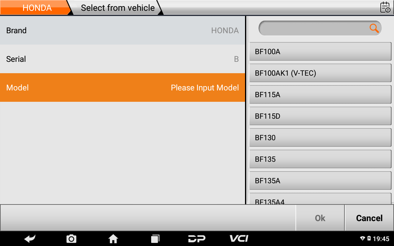 D800 vehicle selection screen listing Honda outboard models