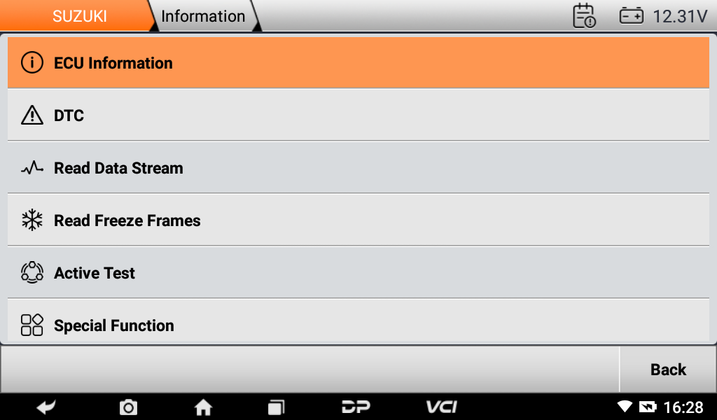 D700 Suzuki function menu with ECU information, DTC, data stream, freeze frames, active test and special function