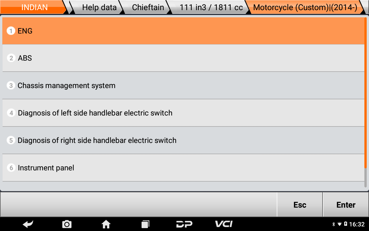 iScan Polaris Group system list for an Indian Chieftain with engine, ABS, chassis management, handlebar switches and instrument panel