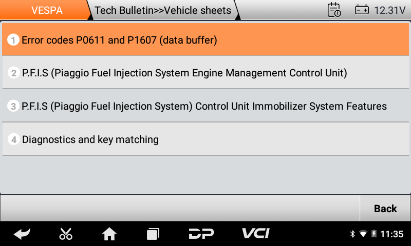 iScan Vespa technical bulletin vehicle sheets list
