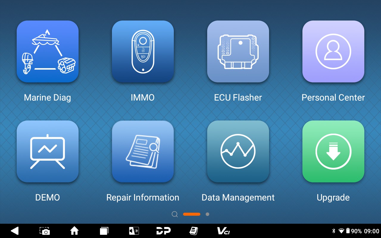 MarineMaster home screen with Marine Diag, IMMO, ECU Flasher, Personal Center, DEMO, Repair Information, Data Management and Upgrade icons